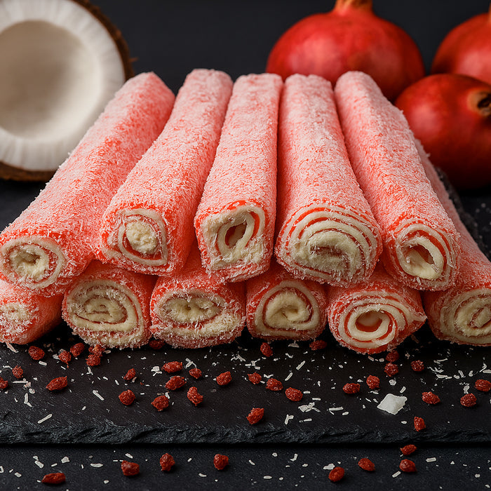 Granātābolu lukums ar vaniļas pastilu un kokosa skaidiņām