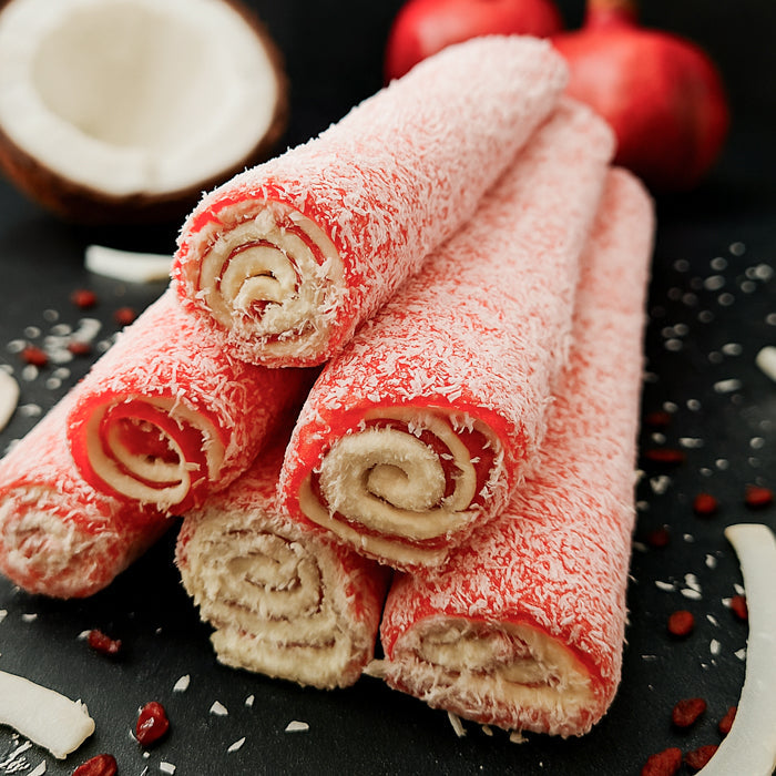 Granātābolu lukums ar vaniļas pastilu un kokosa skaidiņām