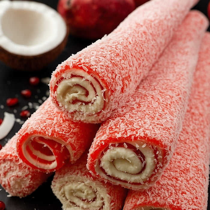 Granātābolu lukums ar vaniļas pastilu un kokosa skaidiņām