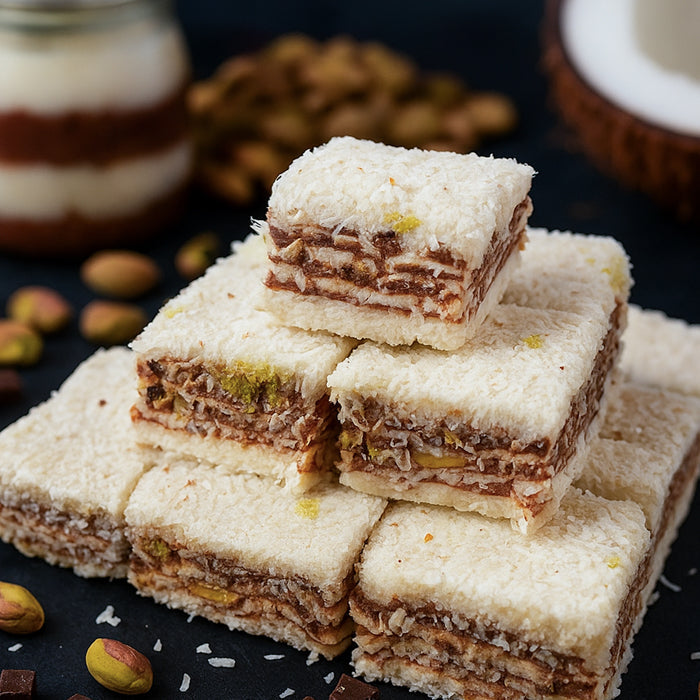 Lukuma tortīte ar kokosu un pistācijām