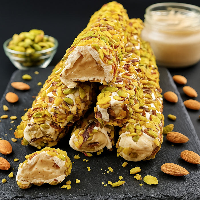 Vaniļas - piena lukums ar pistācijām un mandeļu krēmu