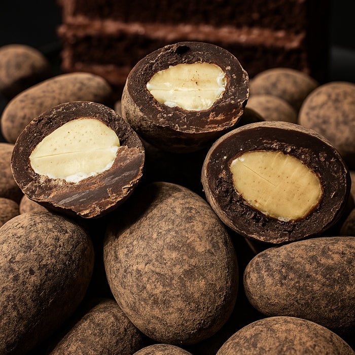 Veseli lielie mandeļu rieksti piena šokolādē ar kakao un šokolādes kūkas garšu