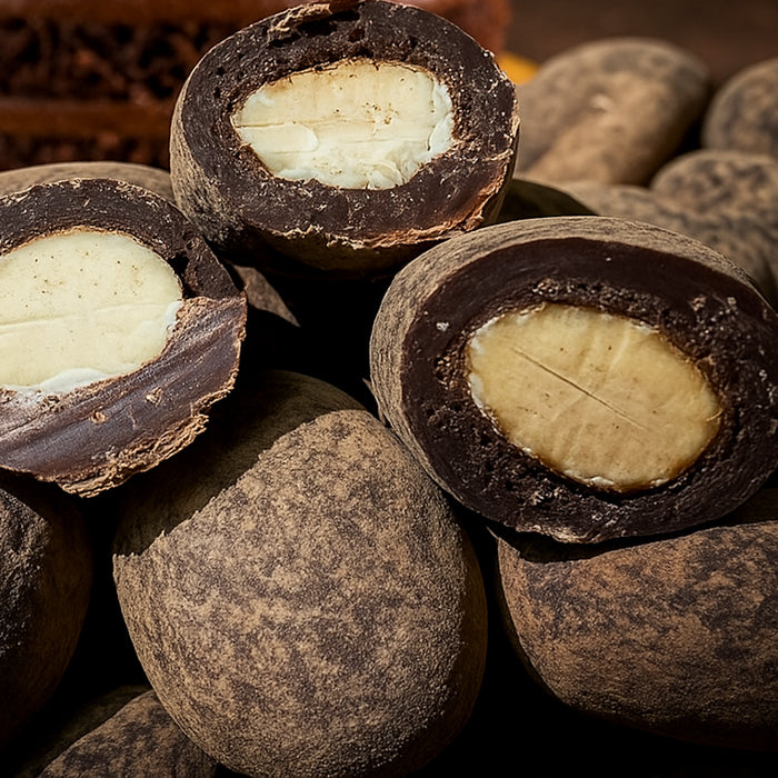 Veseli lielie mandeļu rieksti piena šokolādē ar kakao un šokolādes kūkas garšu