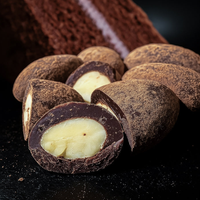 Veseli lielie mandeļu rieksti piena šokolādē ar kakao un šokolādes kūkas garšu